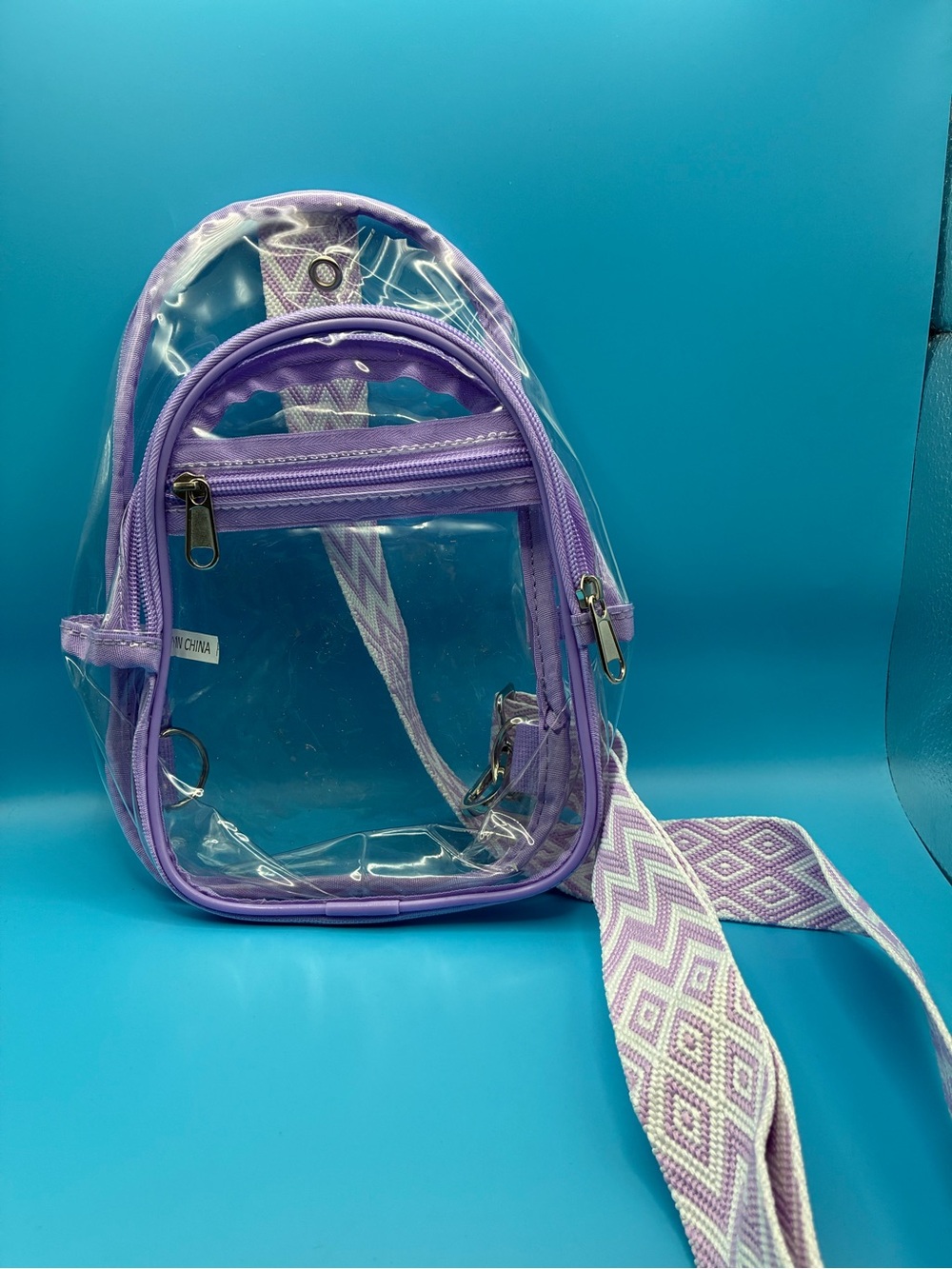 Clear Lavender Mini Backpack with Patterned Strap